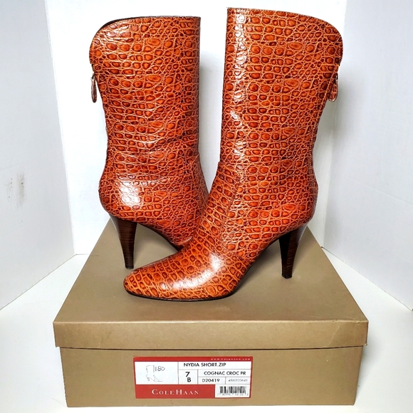 Cole Haan Nydia Cognac Crocodile Style Boots Heeled Zipper - Picture 1 of 11